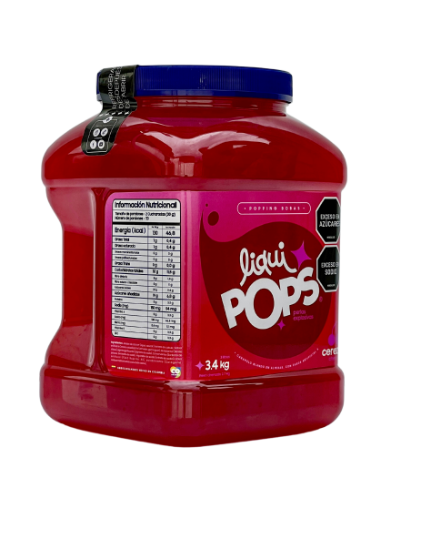 Tarro LiquiPops Cereza 3400g — perlas explosivas en almíbar, fondo blanco